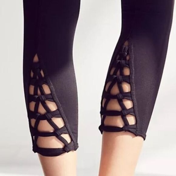 Free People Movement High Waist Black Cropped Lace Up Athletic Leggings - Picture 3 of 5